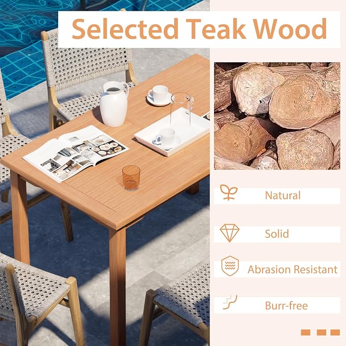 Giantex Patio Rectangle Dining Table, 49” x 27.5” Indonesian Teak Wood Outdoor Table with Spacious Slatted Tabletop for 6 Person, Indoor Outdoor Dining Table for Backyard, Poolside, Front Porch