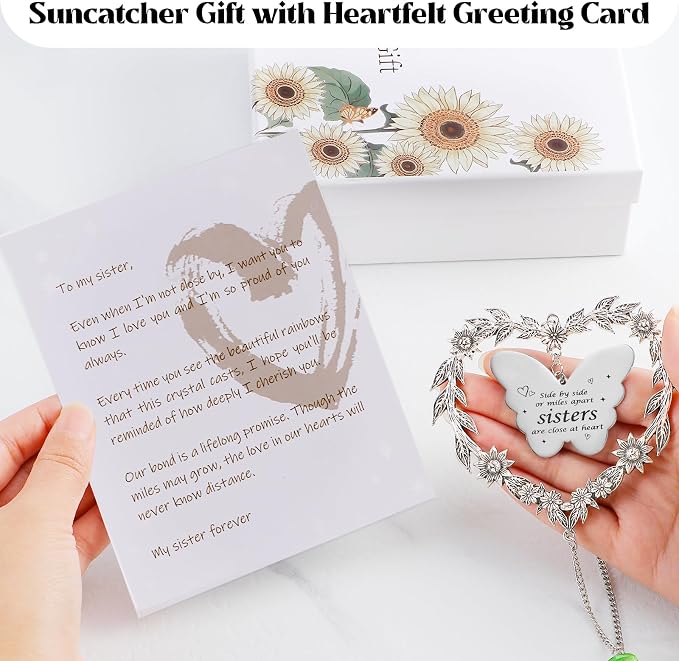 Suncatcher Gift for Sister Birthday, Best Sister Ever Crystal Ornament | Heart-shaped Gift for Big Sister, Unique Long Distance Gifts for Sister Adult, Indoor Window Decoration Sun Catcher