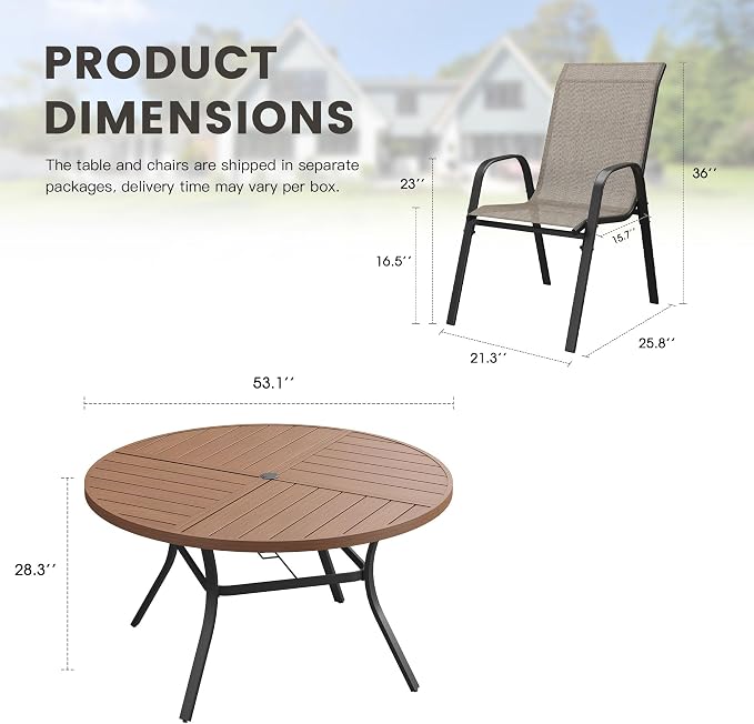 9 Pieces Outdoor Dining Set, 53.1" Spliced Patio Table with Umbrella Hole & Stackable Outdoor Dining Chairs, Patio Furniture Set for Deck Garden Porch, Brown Chairs & Walnut Table