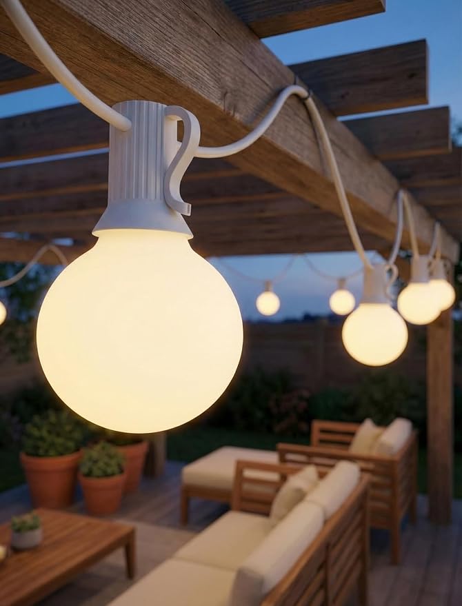 25FT Outdoor Frosted String Lights, 25 G40 Bulbs, White Wire | 5W Glass Incandescent Bulbs, IP44 Weatherproof, E12 Bases, 2 Spares, End-To-End Connectable, for Weddings and Parties