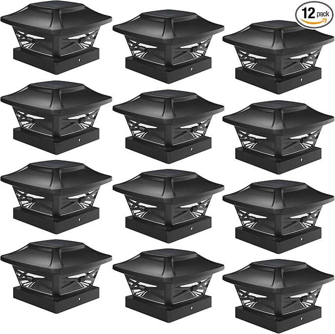 Davinci Lighting Renaissance Solar Outdoor Post Cap Lights - Includes Bases for 4x4 5x5 6x6 Posts - Bright LED Light - Slate Black (12 Pack) | Slate Black, fence/deck/garden/patio posts, UV fade-protected plastic, auto-on, 7-8h runtime, cordless, IP44,...