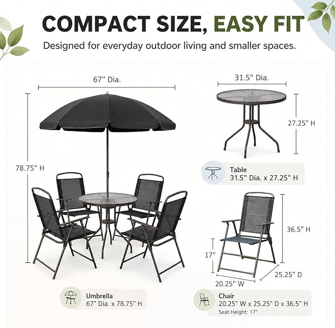 6-Piece Patio Dining Set for 4 with Umbrella, Outdoor Table and Chairs Set with 4 Folding Chairs, Round 31.5" Tempered Glass Table for Garden Backyard Poolside (Black)