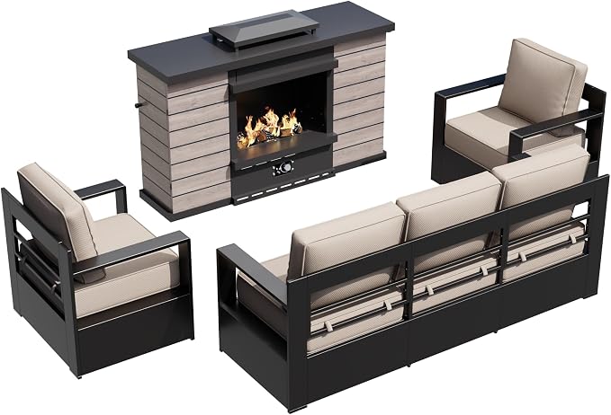 Outdoor Aluminum Furniture Set, 4-Piece Patio Conversation Set, 2 Chairs, 1 Sofa and 1 Fireplace, All-Weather Metal Frame, 6" Thick Removable Cushions, Deep Setting for Garden, Poolside and Porch