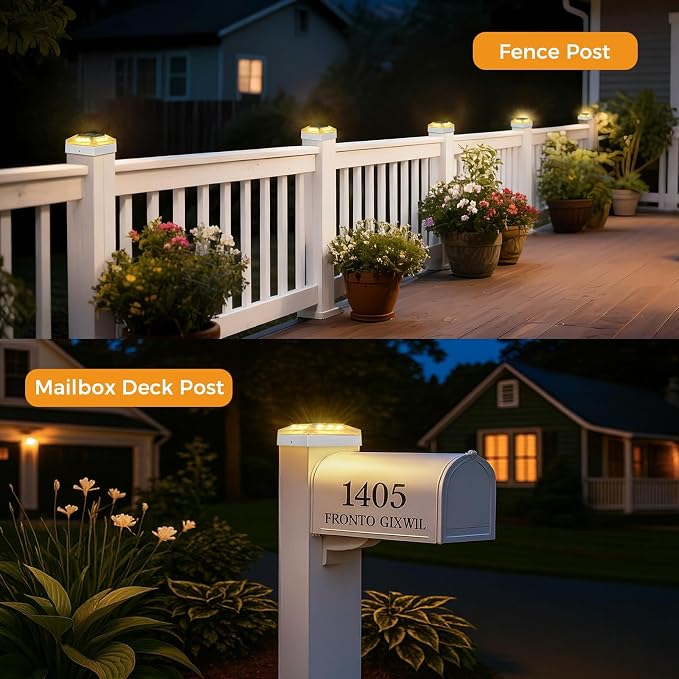 4x4 Solar Post Cap Lights Outdoor 2 Pack, 3 Color Modes/Dusk to Dawn/IP65 Waterproof, Fits 4x4 Vinyl/PVC Wood Posts Top, White LED Fence Topper Light for Deck, Porch, Backyard