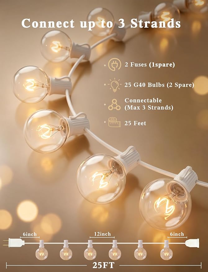 Abeja 25FT Outdoor White String Lights, G40 Globe Patio Lights with 27 Clear G40 Bulbs, Waterproof Hanging Outdoor Light for Backyard Porch Balcony Party Decor - White Wire