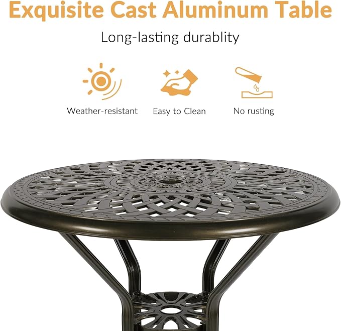 Cast Aluminum Patio Bar Table, 31" Outdoor Bar Height Bistro Table with 2" Umbrella Hole, Patio Bistro Round High Top Dining Table Pub Table for Porch Balcony Backyard, Dark Bronze