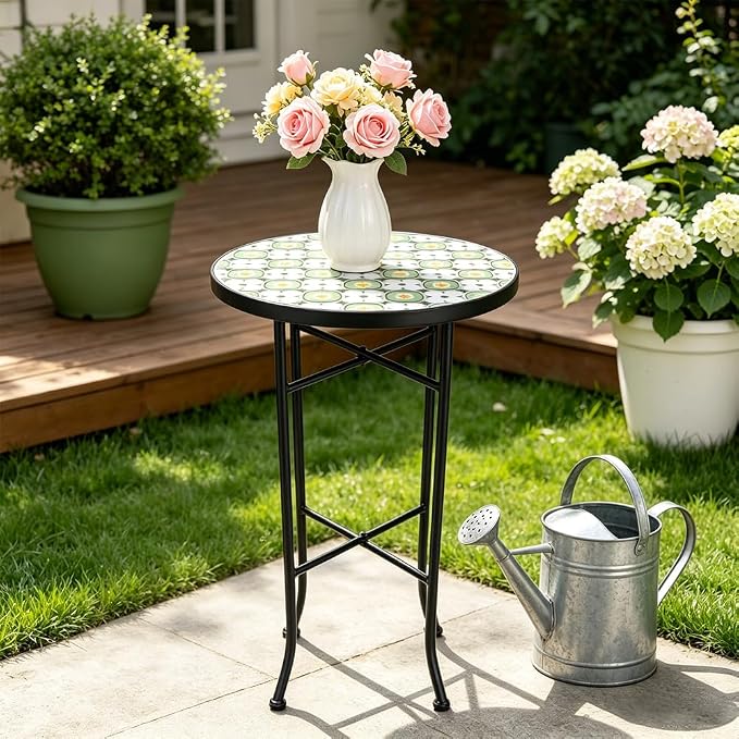 14 Inch Mosaic Patio Side Table with X-Straight Legs, Indoor Outdoor Accent Round End Table with Ceramic Tile Tops for Yard, Garden, Living Room, Bistro, A - Granny Square
