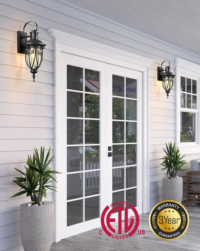 VIANIS Motion Sensor Outdoor Lights, Black Motion Lights for Outside, Dusk to Dawn Outdoor Light Fixtures with Seed Glass, 100% Aluminum Exterior Lighting Fixtures with House, Garage, Porch, Doorway