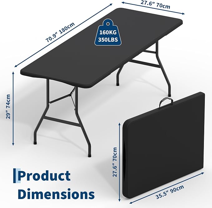 Garvee 6FT Portable Folding Table 2 Pack, HDPE Plastic Foldable Table with Carry Handle for Camping, Parties, Picnic & Events Indoor Outdoor, Black