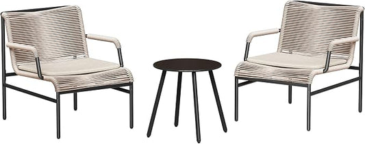 East Oak 3-Piece Patio Furniture Set, Outdoor Bistro Set with PE Rattan Wicker Wide Chairs, Soft Cushions & Coffee Table, Modern All-Weather Wicker Patio Set for Garden and Porch, Creamy Apricot