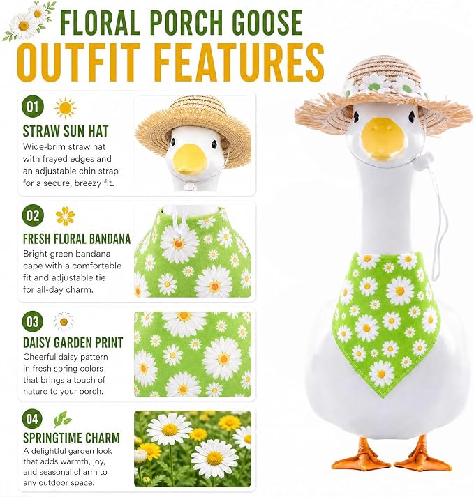 Spring Porch Goose Outfit - 2Pcs Green Daisy Flower Summer Goose Clothes with Floral Straw Hat & Bandana Bib, Lawn Garden Decor Accessories for 23 Inch Cement/Plastic Statue