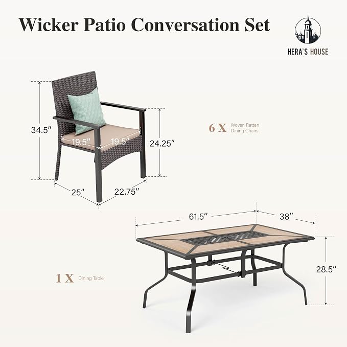 HERA'S HOUSE Patio Dining Sets for 6, Outdoor Rattan Chairs and Wood-Like Table with 1.57" Umbrella Hole, Modern Outdoor Table and Chairs for Deck, Balcony, Backyard and Garden