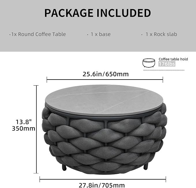 TWT Outdoor Coffee Table Round Centerpiece Table, Lightweight Accent Table with Hand Woven Rope Decor for Garden and Patio(Polyester Rope, Dark Grey)