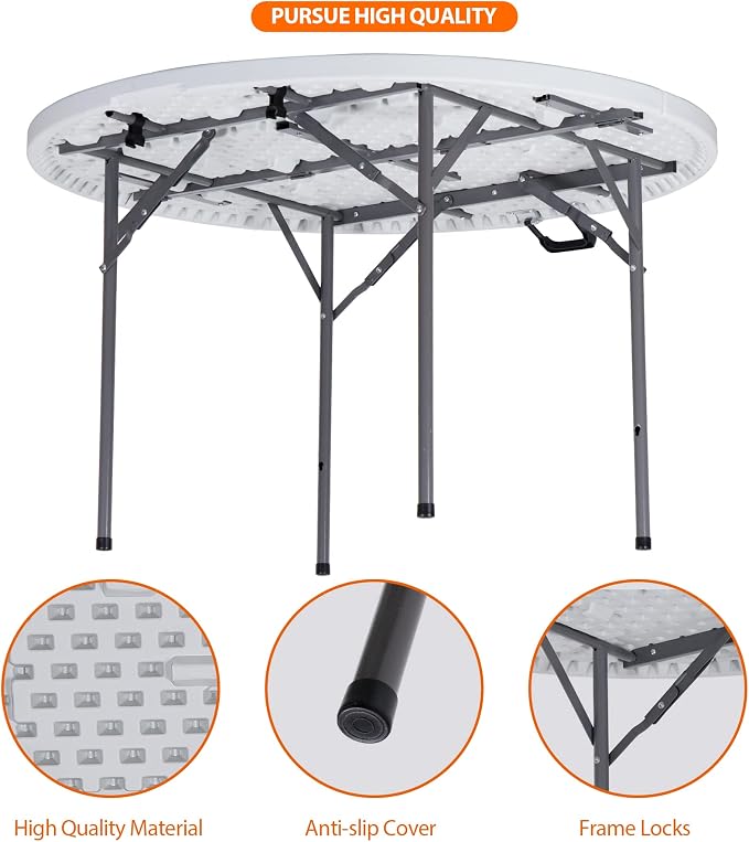 JupiterForce 4 FT Round Folding Table, 48" Indoor Outdoor Portable Plastic Dining Card Table for Kitchen, Commercial, Camping Picnic Party Wedding Event, White