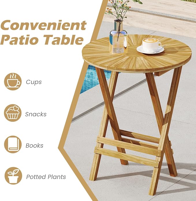 Tangkula Patio Folding Side Table, 23.5" Teak Wood Round End Table with Slatted Tabletop & X-Shaped Frame, Portable & Compact Bistro Table for Backyard, Poolside, Garden, Fully Assembled, Natural