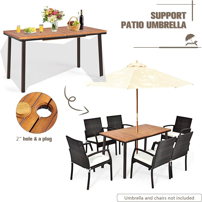 RELAX4LIFE Outdoor Dining Table for 6-8, Acacia Wood Slatted Patio Table w/Umbrella Hole, Wicker Edging, Rust-Proof Steel Legs, Rectangle Outdoor Patio Table for Deck Backyard Pool Side Relaxation