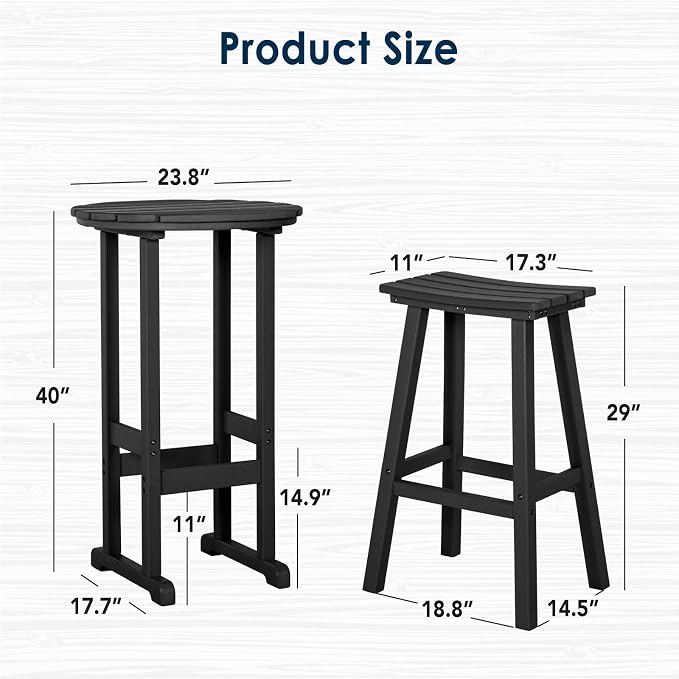 nalone Outdoor Bar Table and Chairs Set, HDPE Bar Table with Bar Stools Set of 2, Patio Table Pub Height Dining Table for Deck, Porch, Backyard, Garden
