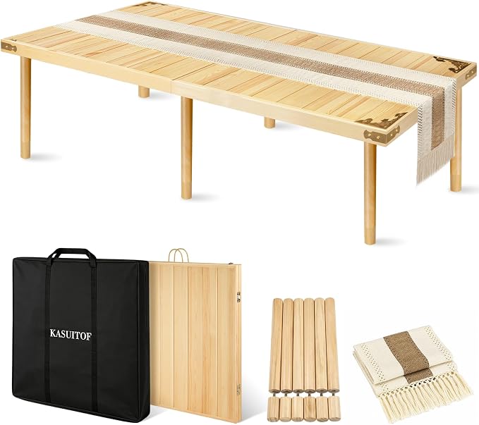 Low Picnic Table with 2 Adjustable Heights – Boho Wooden Picnic Table with Table Runner, 79" x 32" Size for 8, Portable & Foldable for Beach, Camping & Forest