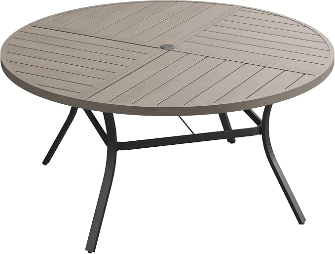 50" Outdoor Dining Table with Adjustable Umbrella Hole, Metal Slatted Round Patio Dining Table for Backyard Garden Deck, Antique Grey