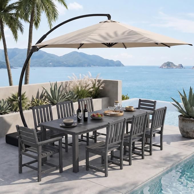 9-Piece Outdoor Dining Set with 11FT Umbrella for 8,Gray | 75.2'' HDPE table, chairs included, weather-resistant furniture with hole, ideal for lawn, poolside, yard, garden, deck