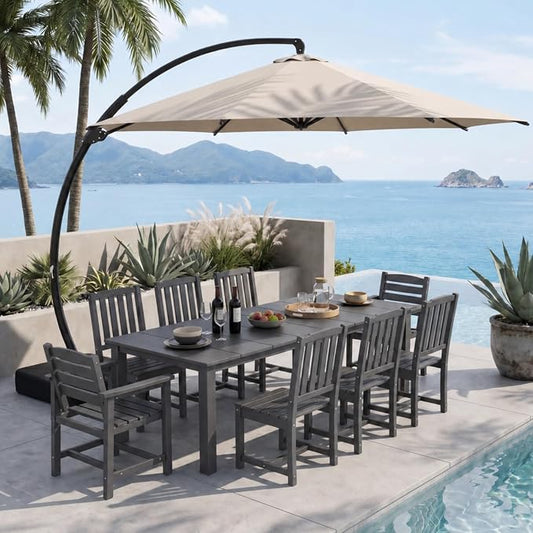 9-Piece Outdoor Dining Set with 11FT Umbrella for 8,Gray | 75.2'' HDPE table, chairs included, weather-resistant furniture with hole, ideal for lawn, poolside, yard, garden, deck