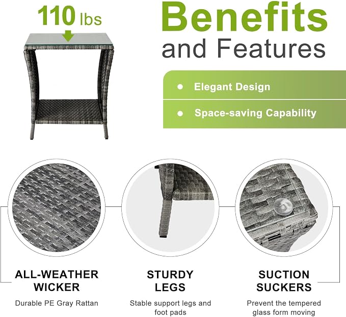 Outvita Outdoor Side Table, Rattan Coffee Table Small End Table with Glass Top Storage for Patio Porch Backyard Balcony