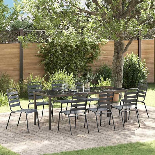 9 Piece Outdoor Garden Dining Set, Anthracite Powder-Coated Steel Patio Table and 8 Chairs, Industrial Metal Furniture for Backyard, Deck, and Lawn