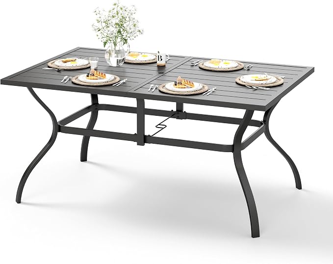 HERA'S HOUSE Patio Dining Table, 60" x 38" Rectangular Large Surface 6 Person Steel Frame Outdoor Dining Table with Umbrella Hole for Lawn Garden Backyard
