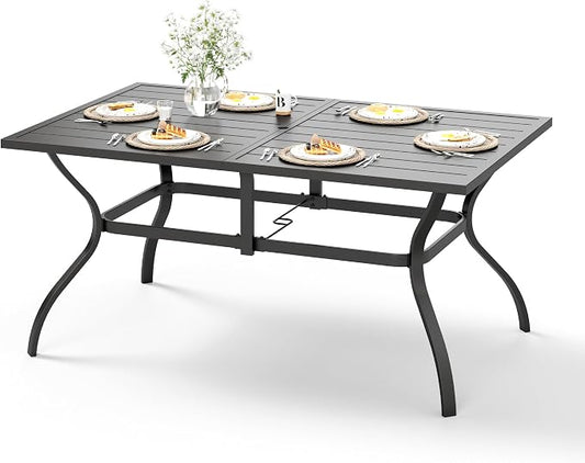 HERA'S HOUSE Patio Dining Table, 60" x 38" Rectangular Large Surface 6 Person Steel Frame Outdoor Dining Table with Umbrella Hole for Lawn Garden Backyard