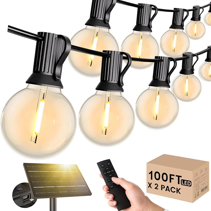 Svater Solar Outdoor String Lights 200FT, G40 Patio Lights Shatterproof Dimmable Vintage Edison Bulbs - Solar Powered Weatherproof Light for Patio, Backyard, Garden, Bistro(2X100 FT)