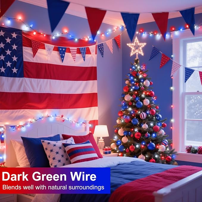 Red White and Blue Lights, 66FT 200 LED 4th of July String Lights Outdoor | Plug In Waterproof 8 Modes Connectable Patriotic Decorations Lights for Indoor Independence Memorial Day Party Holiday