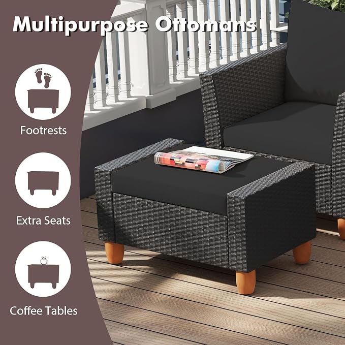 Tangkula 7 Pieces Patio Furniture Set, PE Rattan Sectional Sofa Set with Loveseat, Armchairs, Ottomans & Table, Acacia Wood Tabletop, Outdoor Conversation Set for Porch, Garden & Poolside (Black)
