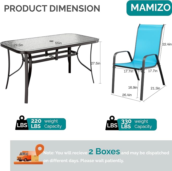 MAMIZO 7 Pieces Patio Dining Set for 6, Outdoor Table and Chairs w/Rectangle Glass Table and 6 Textilene Stackable Chairs, Patio Furniture Set w/1.69" Umbrella Hole (Black Table & Sky Blue Chair)