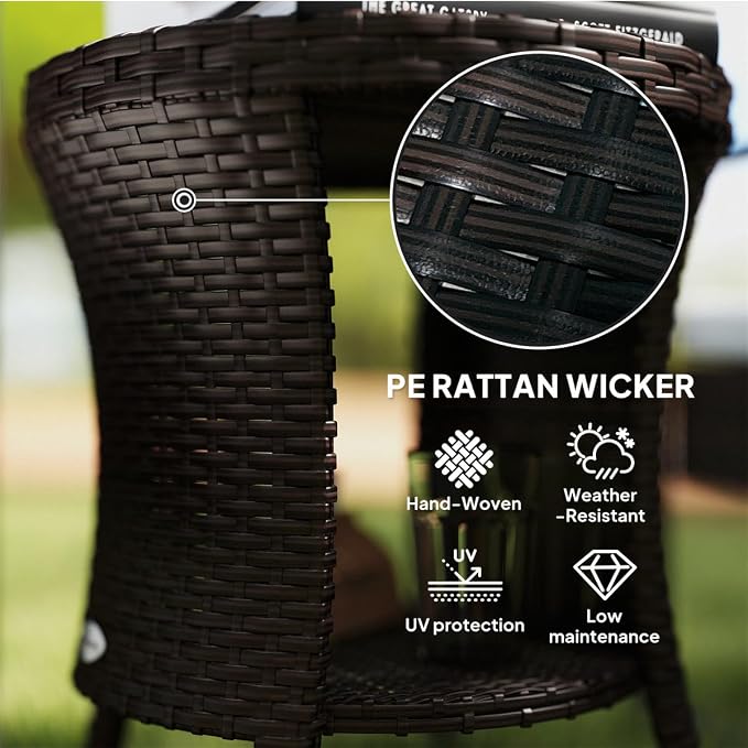 Outdoor Wicker Side Table Hourglass Shape Rattan Patio Table with Storage Shelf, All-Weather for Outside Patio, Porch, Garden, Brown