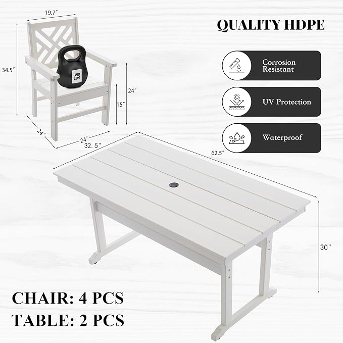 HDPE Outdoor Dining Set,6-Piece Outdoor Table and Chairs Include 4 Dining Chairs and 2 Pcs 62.5" Patio Dining Table with Umbrella Hole (White)