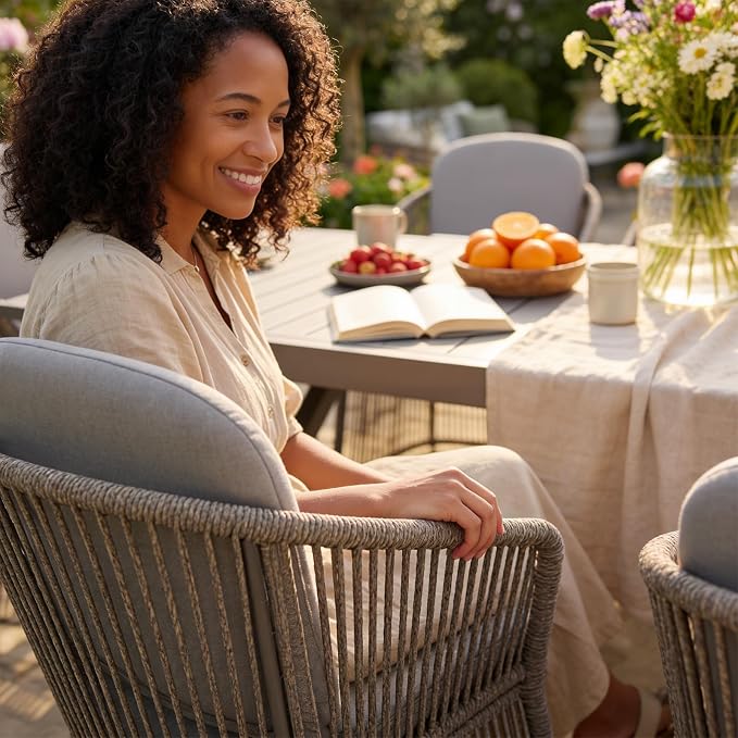 SUNSITT 7 Piece Outdoor Patio Dining Set, 65" - 107" Metal Expandable Outdoor Dining Table with X-Shape Legs, 6 Woven Wicker Outdoor Patio Chairs w/Curved Armrest for Garden, Dark Grey
