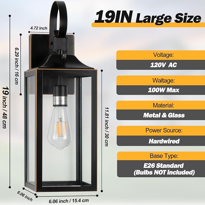 19" Dusk to Dawn Outdoor Lighting Porch Lights Black with Gold Trim 2 Pack | Large Outdoor Wall Lights, Sensor Exterior Lighting Fixtures, Toughened Glass, E26 Socket, Waterproof for House Garage
