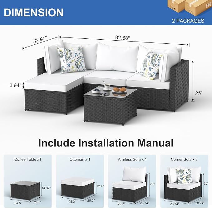 Patio Furniture Set, 6PCS Patio Sectional w/ Fire Pit Tabel Ottoman Wicker Rattan Outdoor Furniture with Thickened Cushion Modular Wicker Patio Conversation Set with Glass Top Table for Balcony(White)