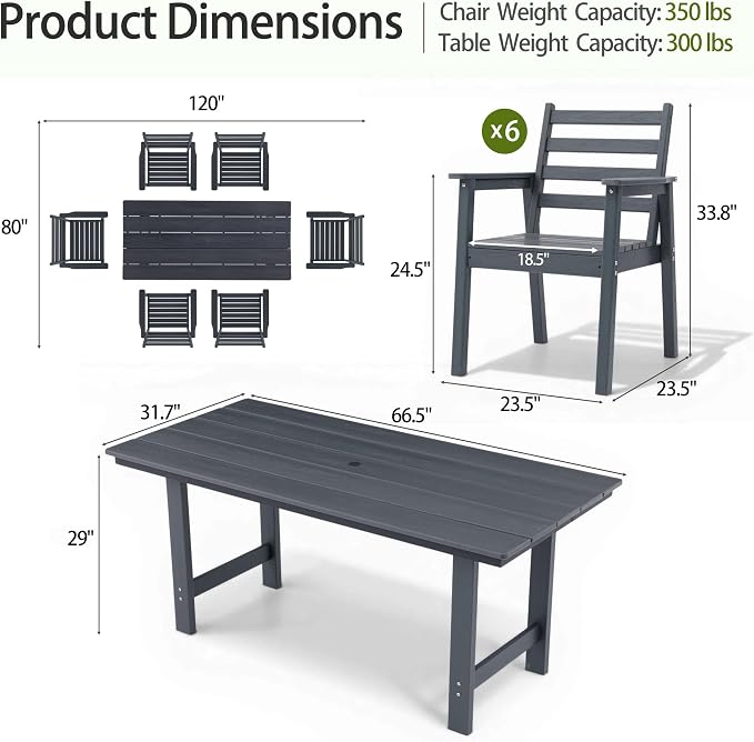 7-Piece Outdoor Dining Set, All-Weather HDPE Patio Furniture, 66.5" Slatted Table with 1.6" Umbrella Hole & 6 Ergonomic Armchairs, Heavy Duty 350lbs Capacity, UV Resistant, Gray