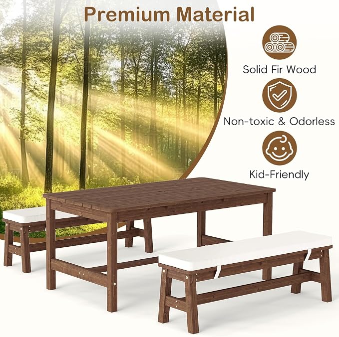 Olakids Kids Picnic Table, Outdoor Wooden Bench Set with Removable Cushions Adjustable Foldable Umbrella, Toddler Backyard Furniture for Patio Garden