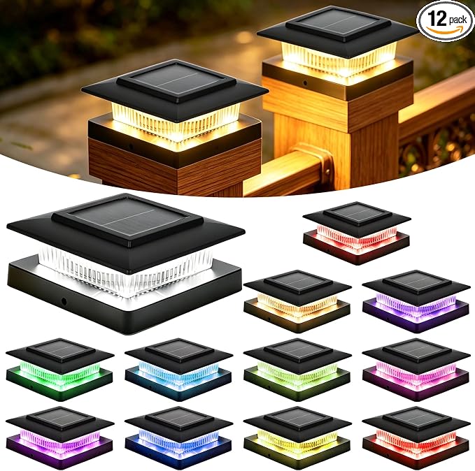 4x4 Post Solar Lights Outdoor, 13 Lighting Modes 8 LED Solar Post Cap Lights, Waterproof Solar Deck Lights for 4x4 3.5x3.5 Wood/Vinyl Fence Post (12)
