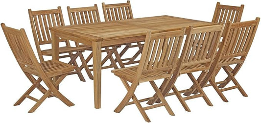 Modway EEI-3204-NAT-SET Marina Premium Grade A Teak Wood 9-Piece Outdoor Patio Dining Furniture Set, Eight Folding Side Chair/One Table, Natural