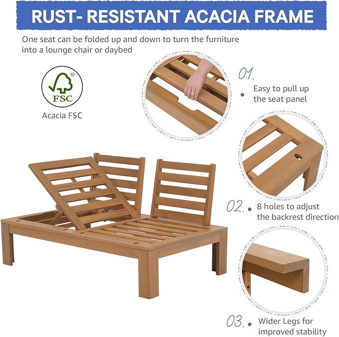 SUNSITT 6 Piece Acacia Wood Patio Furniture Outdoor Sectional Sofa Set with Adjustable Armrest, FSC Certified L-Shaped Patio Set w/2-in-1 Coffee Table, Cream White Cushions for Garden