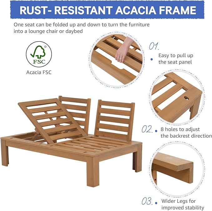SUNSITT 4 Piece Acacia Wood Patio Furniture Outdoor Sectional Sofa Set with Adjustable Armrest, FSC Certified L-Shaped Patio Set w/2-in-1 Coffee Table, Grey Cushions