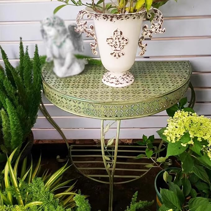 Outdoor Half-Moon Patio Console Table, 2 Tier Iron Half Round Garden Porch Table, Antique All-Weather Mid Century Tables(Green)