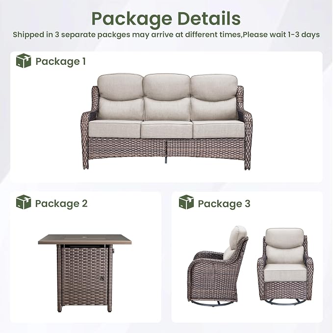 Luxury Patio Furniture Set with 6-inch Thick Cushion, Outdoor Furniture with Fire Pit Table, Swivel Chairs, Sofa, 4pcs Wicker Conversation Set for Deck Yard and Poolside(Brown Wicker | Beige Cushion)