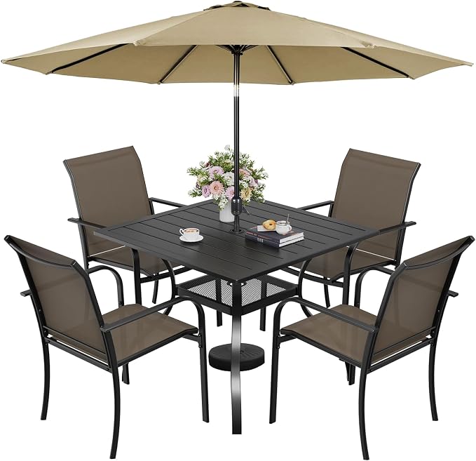 SUNCROWN 6 - Piece Outdoor Dining Set, Patio Furniture Set with 4 Textilene Dinning Chairs, 1 Steel Slat Metal Bistro Table and 1 Brown 9Ft Patio Umbrella for Lawn Garden Backyard Deck, Brown