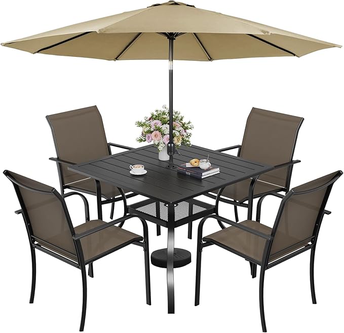 Incbruce 6-Piece Patio Furniture Set with Brown Umbrella, Patio Table and Chairs Set of 4 Textilene Chairs and Square Table with Umbrella Hole for Garden, Deck and Backyard (Brown)