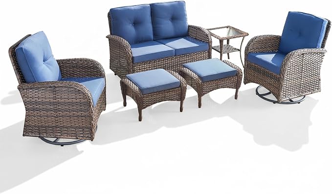 Outdoor Swivel Glider Rocker Chairs Set- 6 Piece Patio Furniture Set with A Glider Loveseat, Tempered Glass Side Table and 2 Ottoman, for Balcony, Porch - Brown Wicker, Blue Cushion