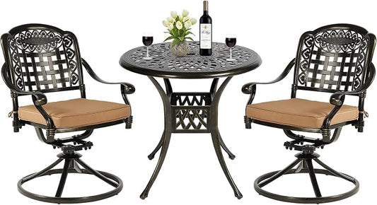 MEETWARM 3-Piece Outdoor Patio Dining Set, All-Weather Cast Aluminum Patio Conversation Set with 2 Cushions Swivel Rocker Chairs and 31" Round Table for Backyard Garden Deck, 2.2" Umbrella Hole
